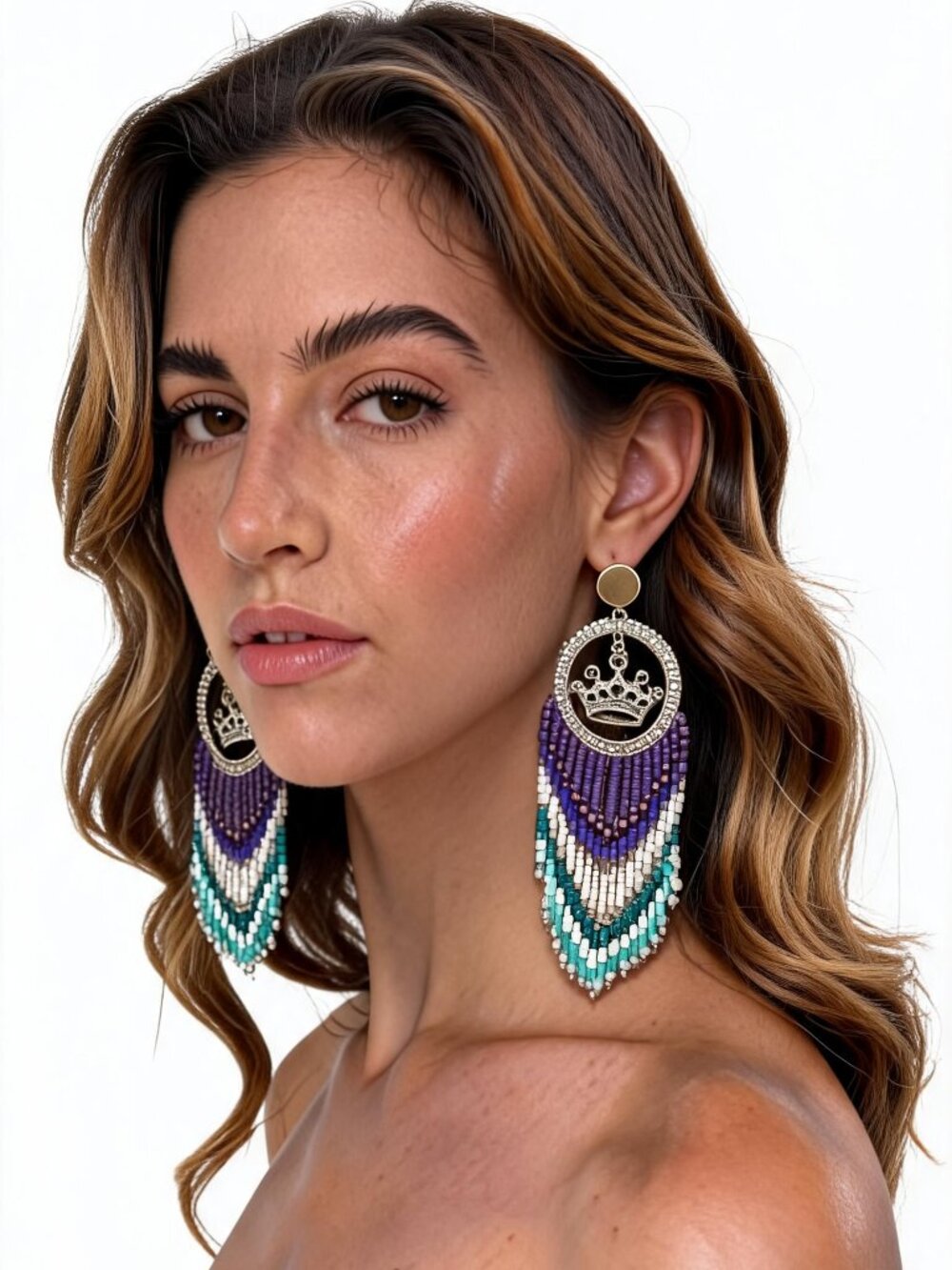 Handmade Beaded Queen Long Fringe Dangle Drop Lightweight Post Hoop Earrings - Picture 7 of 8